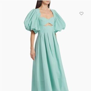 Puff sleeves & cutout. Never worn FARM Rio Midi Dress. Grey Blue